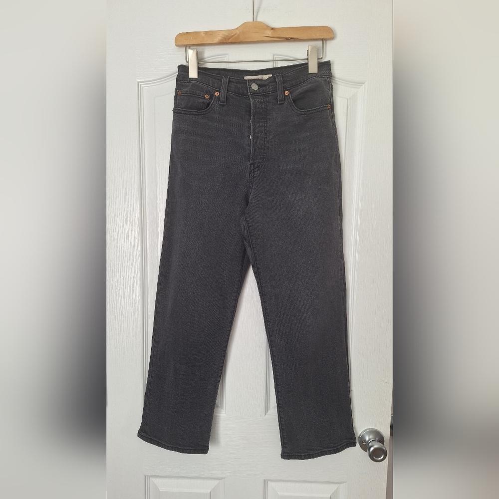 Levi's Washed Black High Rise Ribcage Ankle Straight Jeans Button Fly